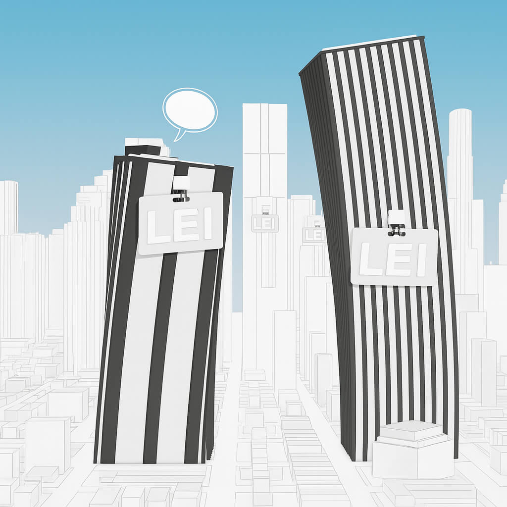Ilustrasi gedung-gedung bisnis yang mengenakan lencana LEI, melambangkan penggunaan Legal Entity Identifier di sektor bisnis
