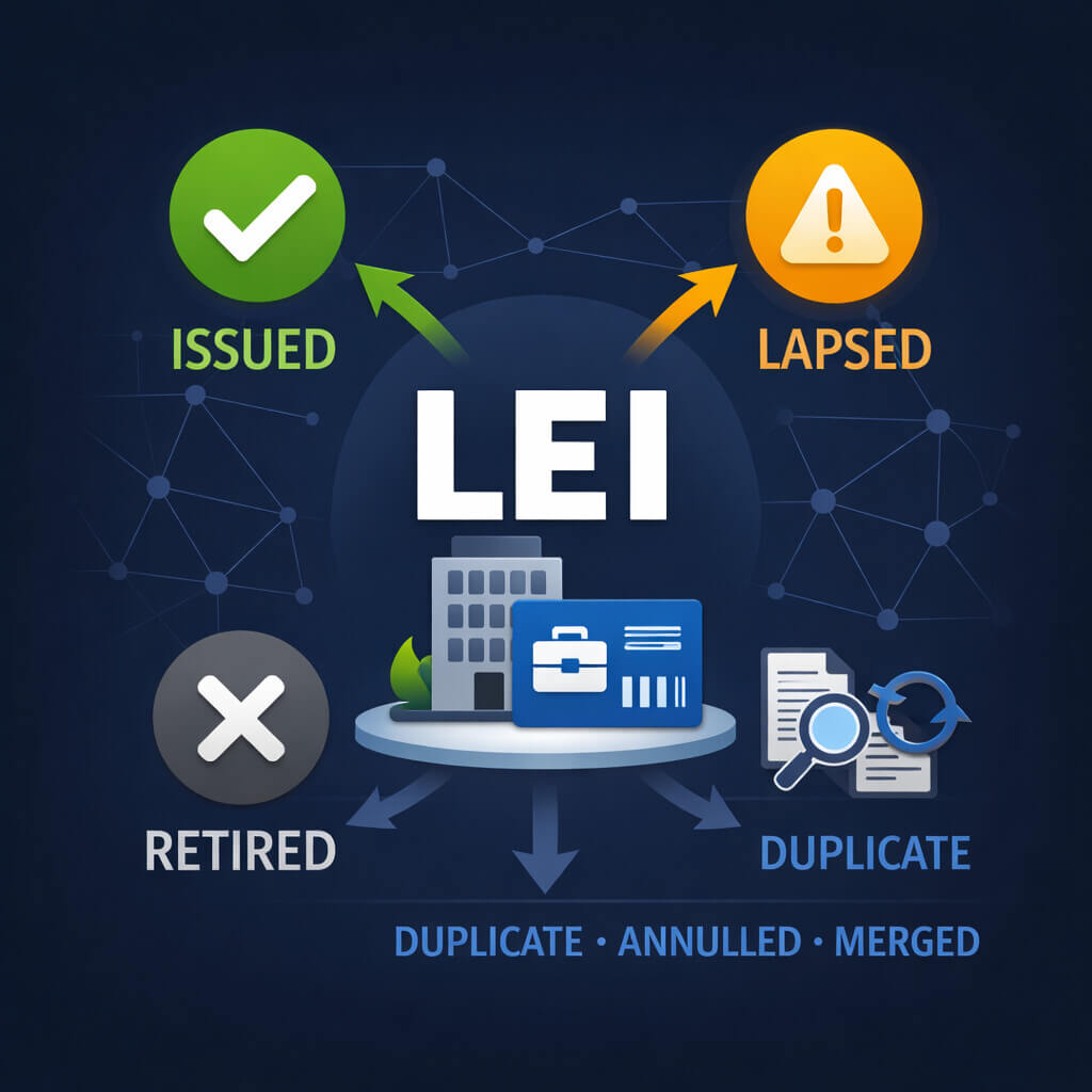 Artikel yang menjelaskan mengapa status LEI penting, termasuk status issued, lapsed, retired, dan pengecualian dalam sistem LEI