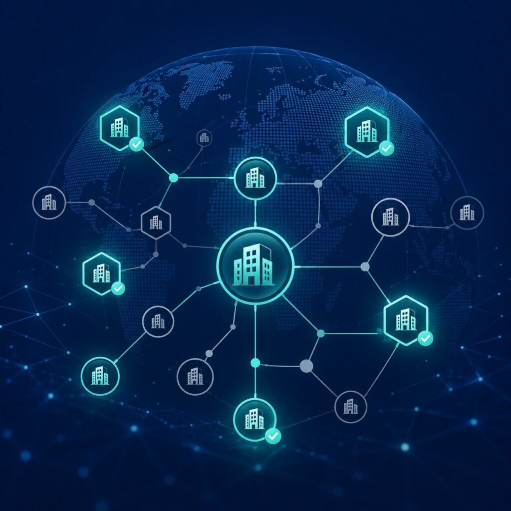 Jaringan global entitas hukum terverifikasi dan tidak terverifikasi yang mengilustrasikan proses KYB menggunakan kode LEI